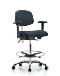 Class 100 Vinyl Clean Room Chair - High Bench Height with Adjustable Arms, Chrome Foot Ring, & Casters in Imperial Blue Trailblazer Vinyl NCR-VHBCH-CR-T0-A1-CF-CC-8582