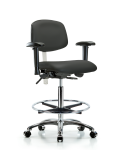 Class 100 Vinyl Clean Room Chair - High Bench Height with Adjustable Arms, Chrome Foot Ring, & Casters in Charcoal Trailblazer Vinyl NCR-VHBCH-CR-T0-A1-CF-CC-8605