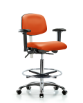 Class 100 Vinyl Clean Room Chair - High Bench Height with Adjustable Arms, Chrome Foot Ring, & Casters in Orange Kist Trailblazer Vinyl NCR-VHBCH-CR-T0-A1-CF-CC-8613