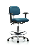 Class 100 Vinyl Clean Room Chair - High Bench Height with Adjustable Arms, Chrome Foot Ring, & Casters in Marine Blue Supernova Vinyl NCR-VHBCH-CR-T0-A1-CF-CC-8801