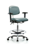 Class 100 Vinyl Clean Room Chair - High Bench Height with Adjustable Arms, Chrome Foot Ring, & Casters in Storm Supernova Vinyl NCR-VHBCH-CR-T0-A1-CF-CC-8822