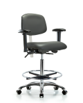 Class 100 Vinyl Clean Room Chair - High Bench Height with Adjustable Arms, Chrome Foot Ring, & Casters in Carbon Supernova Vinyl NCR-VHBCH-CR-T0-A1-CF-CC-8823