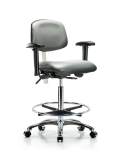 Class 100 Vinyl Clean Room Chair - High Bench Height with Adjustable Arms, Chrome Foot Ring, & Casters in Sterling Supernova Vinyl NCR-VHBCH-CR-T0-A1-CF-CC-8840