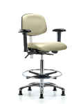 Class 100 Vinyl Clean Room Chair - High Bench Height with Adjustable Arms, Chrome Foot Ring, & Stationary Glides in Adobe White Trailblazer Vinyl NCR-VHBCH-CR-T0-A1-CF-RG-8501