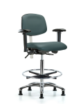 Class 100 Vinyl Clean Room Chair - High Bench Height with Adjustable Arms, Chrome Foot Ring, & Stationary Glides in Colonial Blue Trailblazer Vinyl NCR-VHBCH-CR-T0-A1-CF-RG-8546