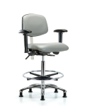 Class 100 Vinyl Clean Room Chair - High Bench Height with Adjustable Arms, Chrome Foot Ring, & Stationary Glides in Dove Trailblazer Vinyl NCR-VHBCH-CR-T0-A1-CF-RG-8567