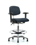 Class 100 Vinyl Clean Room Chair - High Bench Height with Adjustable Arms, Chrome Foot Ring, & Stationary Glides in Imperial Blue Trailblazer Vinyl NCR-VHBCH-CR-T0-A1-CF-RG-8582