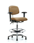 Class 100 Vinyl Clean Room Chair - High Bench Height with Adjustable Arms, Chrome Foot Ring, & Stationary Glides in Taupe Trailblazer Vinyl NCR-VHBCH-CR-T0-A1-CF-RG-8584