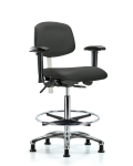 Class 100 Vinyl Clean Room Chair - High Bench Height with Adjustable Arms, Chrome Foot Ring, & Stationary Glides in Charcoal Trailblazer Vinyl NCR-VHBCH-CR-T0-A1-CF-RG-8605