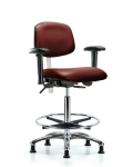Class 100 Vinyl Clean Room Chair - High Bench Height with Adjustable Arms, Chrome Foot Ring, & Stationary Glides in Borscht Supernova Vinyl NCR-VHBCH-CR-T0-A1-CF-RG-8815