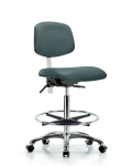 Class 100 Vinyl Clean Room Chair - High Bench Height with Seat Tilt, Chrome Foot Ring, & Casters in Colonial Blue Trailblazer Vinyl NCR-VHBCH-CR-T1-A0-CF-CC-8546