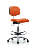Class 100 Vinyl Clean Room Chair - High Bench Height with Seat Tilt, Chrome Foot Ring, & Casters in Orange Kist Trailblazer Vinyl NCR-VHBCH-CR-T1-A0-CF-CC-8613