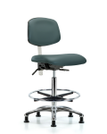 Class 100 Vinyl Clean Room Chair - High Bench Height with Seat Tilt, Chrome Foot Ring, & Stationary Glides in Colonial Blue Trailblazer Vinyl NCR-VHBCH-CR-T1-A0-CF-RG-8546