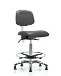 Class 100 Vinyl Clean Room Chair - High Bench Height with Seat Tilt, Chrome Foot Ring, & Stationary Glides in Carbon Supernova Vinyl NCR-VHBCH-CR-T1-A0-CF-RG-8823