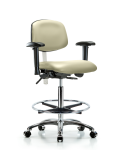 Class 100 Vinyl Clean Room Chair - High Bench Height with Seat Tilt, Adjustable Arms, Chrome Foot Ring, & Casters in Adobe White Trailblazer Vinyl NCR-VHBCH-CR-T1-A1-CF-CC-8501