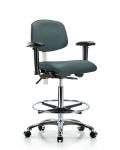 Class 100 Vinyl Clean Room Chair - High Bench Height with Seat Tilt, Adjustable Arms, Chrome Foot Ring, & Casters in Colonial Blue Trailblazer Vinyl NCR-VHBCH-CR-T1-A1-CF-CC-8546