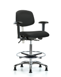 Class 100 Vinyl Clean Room Chair - High Bench Height with Seat Tilt, Adjustable Arms, Chrome Foot Ring, & Stationary Glides in Black Trailblazer Vinyl NCR-VHBCH-CR-T1-A1-CF-RG-8540