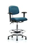 Class 100 Vinyl Clean Room Chair - High Bench Height with Seat Tilt, Adjustable Arms, Chrome Foot Ring, & Stationary Glides in Marine Blue Supernova Vinyl NCR-VHBCH-CR-T1-A1-CF-RG-8801