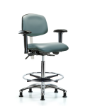 Class 100 Vinyl Clean Room Chair - High Bench Height with Seat Tilt, Adjustable Arms, Chrome Foot Ring, & Stationary Glides in Storm Supernova Vinyl NCR-VHBCH-CR-T1-A1-CF-RG-8822
