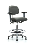 Class 100 Vinyl Clean Room Chair - High Bench Height with Seat Tilt, Adjustable Arms, Chrome Foot Ring, & Stationary Glides in Carbon Supernova Vinyl NCR-VHBCH-CR-T1-A1-CF-RG-8823