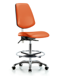 Class 100 Vinyl Clean Room Chair - High Bench Height with Medium Back, Chrome Foot Ring, & Casters in Orange Kist Trailblazer Vinyl NCR-VHBCH-MB-CR-T0-A0-CF-CC-8613