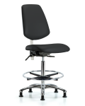 Class 100 Vinyl Clean Room Chair - High Bench Height with Medium Back, Chrome Foot Ring, & Stationary Glides in Black Trailblazer Vinyl NCR-VHBCH-MB-CR-T0-A0-CF-RG-8540