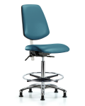 Class 100 Vinyl Clean Room Chair - High Bench Height with Medium Back, Chrome Foot Ring, & Stationary Glides in Marine Blue Supernova Vinyl NCR-VHBCH-MB-CR-T0-A0-CF-RG-8801