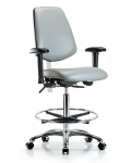 Class 100 Vinyl Clean Room Chair - High Bench Height with Medium Back, Adjustable Arms, Chrome Foot Ring, & Casters in Dove Trailblazer Vinyl NCR-VHBCH-MB-CR-T0-A1-CF-CC-8567