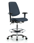 Class 100 Vinyl Clean Room Chair - High Bench Height with Medium Back, Adjustable Arms, Chrome Foot Ring, & Casters in Imperial Blue Trailblazer Vinyl NCR-VHBCH-MB-CR-T0-A1-CF-CC-8582