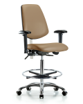 Class 100 Vinyl Clean Room Chair - High Bench Height with Medium Back, Adjustable Arms, Chrome Foot Ring, & Casters in Taupe Trailblazer Vinyl NCR-VHBCH-MB-CR-T0-A1-CF-CC-8584