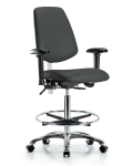 Class 100 Vinyl Clean Room Chair - High Bench Height with Medium Back, Adjustable Arms, Chrome Foot Ring, & Casters in Charcoal Trailblazer Vinyl NCR-VHBCH-MB-CR-T0-A1-CF-CC-8605