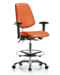 Class 100 Vinyl Clean Room Chair - High Bench Height with Medium Back, Adjustable Arms, Chrome Foot Ring, & Casters in Orange Kist Trailblazer Vinyl NCR-VHBCH-MB-CR-T0-A1-CF-CC-8613