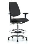 Class 100 Vinyl Clean Room Chair - High Bench Height with Medium Back, Adjustable Arms, Chrome Foot Ring, & Stationary Glides in Black Trailblazer Vinyl NCR-VHBCH-MB-CR-T0-A1-CF-RG-8540