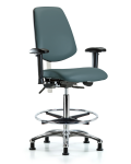 Class 100 Vinyl Clean Room Chair - High Bench Height with Medium Back, Adjustable Arms, Chrome Foot Ring, & Stationary Glides in Colonial Blue Trailblazer Vinyl NCR-VHBCH-MB-CR-T0-A1-CF-RG-8546