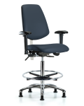 Class 100 Vinyl Clean Room Chair - High Bench Height with Medium Back, Adjustable Arms, Chrome Foot Ring, & Stationary Glides in Imperial Blue Trailblazer Vinyl NCR-VHBCH-MB-CR-T0-A1-CF-RG-8582