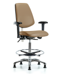 Class 100 Vinyl Clean Room Chair - High Bench Height with Medium Back, Adjustable Arms, Chrome Foot Ring, & Stationary Glides in Taupe Trailblazer Vinyl NCR-VHBCH-MB-CR-T0-A1-CF-RG-8584