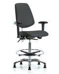 Class 100 Vinyl Clean Room Chair - High Bench Height with Medium Back, Adjustable Arms, Chrome Foot Ring, & Stationary Glides in Charcoal Trailblazer Vinyl NCR-VHBCH-MB-CR-T0-A1-CF-RG-8605