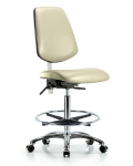 Class 100 Vinyl Clean Room Chair - High Bench Height with Medium Back, Seat Tilt, Chrome Foot Ring, & Casters in Adobe White Trailblazer Vinyl NCR-VHBCH-MB-CR-T1-A0-CF-CC-8501