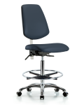 Class 100 Vinyl Clean Room Chair - High Bench Height with Medium Back, Seat Tilt, Chrome Foot Ring, & Casters in Imperial Blue Trailblazer Vinyl NCR-VHBCH-MB-CR-T1-A0-CF-CC-8582