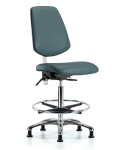 Class 100 Vinyl Clean Room Chair - High Bench Height with Medium Back, Seat Tilt, Chrome Foot Ring, & Stationary Glides in Colonial Blue Trailblazer Vinyl NCR-VHBCH-MB-CR-T1-A0-CF-RG-8546