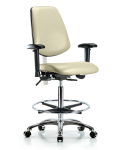 Class 100 Vinyl Clean Room Chair - High Bench Height with Medium Back, Seat Tilt, Adjustable Arms, Chrome Foot Ring, & Casters in Adobe White Trailblazer Vinyl NCR-VHBCH-MB-CR-T1-A1-CF-CC-8501