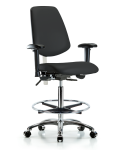 Class 100 Vinyl Clean Room Chair - High Bench Height with Medium Back, Seat Tilt, Adjustable Arms, Chrome Foot Ring, & Casters in Black Trailblazer Vinyl NCR-VHBCH-MB-CR-T1-A1-CF-CC-8540