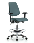 CL100 Vinyl Clean Room Chair - High Bench Height with Medium Back, Seat Tilt, Adjustable Arms, Chrome Foot Ring, & Casters in Colonial Blue Trailblazer Vinyl NCR-VHBCH-MB-CR-T1-A1-CF-CC-8546