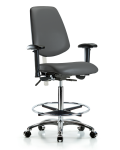 Class 100 Vinyl Clean Room Chair - High Bench Height with Medium Back, Seat Tilt, Adjustable Arms, Chrome Foot Ring, & Casters in Carbon Supernova Vinyl NCR-VHBCH-MB-CR-T1-A1-CF-CC-8823