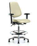 CL100 Vinyl Clean Room Chair - High Bench Height with Medium Back, Seat Tilt, Adj Arms, Chrome Foot Ring, & Stationary Glides in Adobe White Trailblazer Vinyl NCR-VHBCH-MB-CR-T1-A1-CF-RG-8501