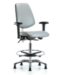 CL100 Vinyl Clean Room Chair - High Bench Height with Medium Back, Seat Tilt, Adjustable Arms, Chrome Foot Ring, & Stationary Glides in Dove Trailblazer Vinyl NCR-VHBCH-MB-CR-T1-A1-CF-RG-8567