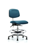 Class 100 Vinyl Clean Room Chair - Medium Bench Height with Chrome Foot Ring & Stationary Glides in Marine Blue Supernova Vinyl NCR-VMBCH-CR-T0-A0-CF-RG-8801