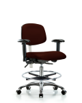 Class 100 Vinyl Clean Room Chair - Medium Bench Height with Adjustable Arms, Chrome Foot Ring, & Casters in Burgundy Trailblazer Vinyl NCR-VMBCH-CR-T0-A1-CF-CC-8569
