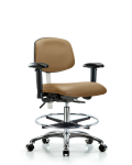 Class 100 Vinyl Clean Room Chair - Medium Bench Height with Adjustable Arms, Chrome Foot Ring, & Casters in Taupe Trailblazer Vinyl NCR-VMBCH-CR-T0-A1-CF-CC-8584