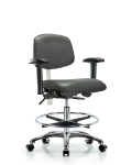 Class 100 Vinyl Clean Room Chair - Medium Bench Height with Adjustable Arms, Chrome Foot Ring, & Casters in Carbon Supernova Vinyl NCR-VMBCH-CR-T0-A1-CF-CC-8823